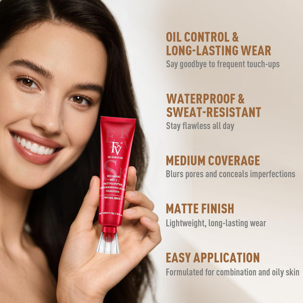 Base de maquillaje líquida impermeable FV con acabado mate, ligera, sin aceite, maquillaje de aspecto natural para pieles mixtas y grasas, cobertura ligera a media, Beige Natural, 1.05 fl. oz.